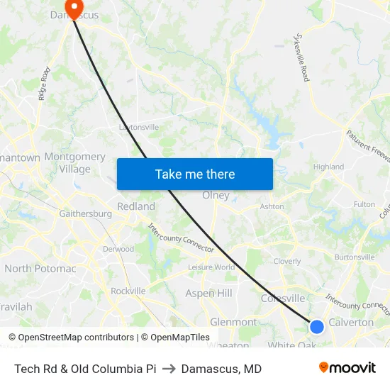 Tech Rd & Old Columbia Pi to Damascus, MD map