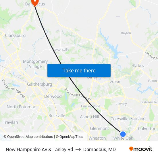 New Hampshire Av & Tanley Rd to Damascus, MD map
