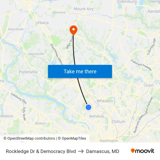 Rockledge Dr & Democracy Blvd to Damascus, MD map