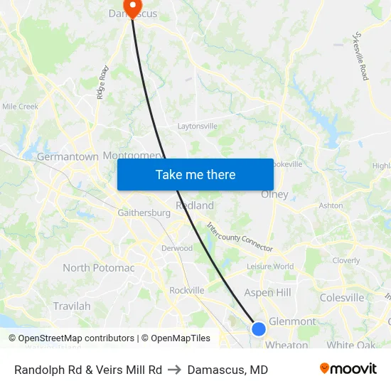 Randolph Rd & Veirs Mill Rd to Damascus, MD map