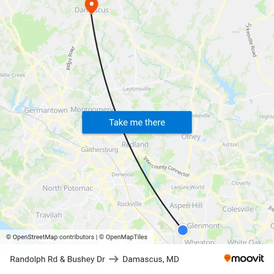 Randolph Rd & Bushey Dr to Damascus, MD map