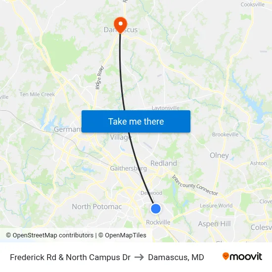 Frederick Rd & North Campus Dr to Damascus, MD map