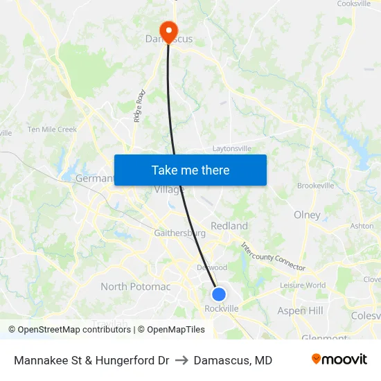 Mannakee St & Hungerford  Dr to Damascus, MD map
