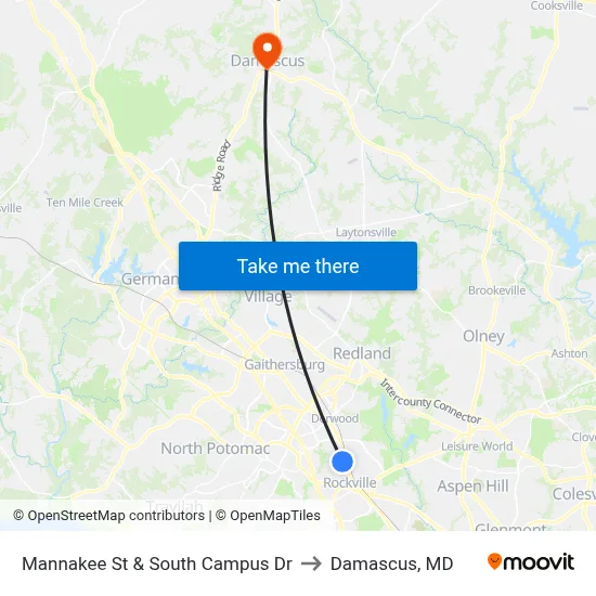 Mannakee St & South Campus Dr to Damascus, MD map