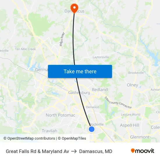 Great Falls Rd & Maryland Av to Damascus, MD map