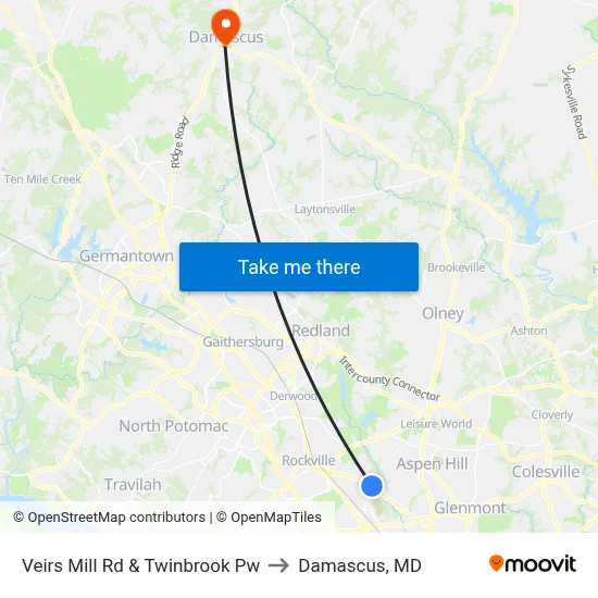 Veirs Mill Rd & Twinbrook Pw to Damascus, MD map