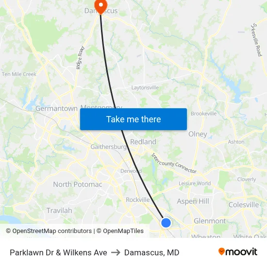 Parklawn Dr & Wilkens Ave to Damascus, MD map