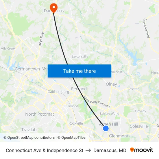 Connecticut Ave & Independence St to Damascus, MD map