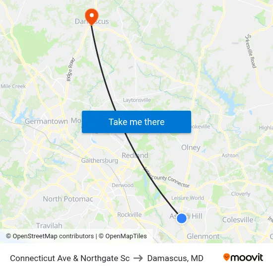 Connecticut Ave & Northgate Sc to Damascus, MD map