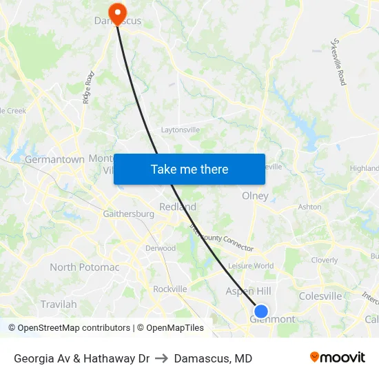 Georgia Av & Hathaway Dr to Damascus, MD map