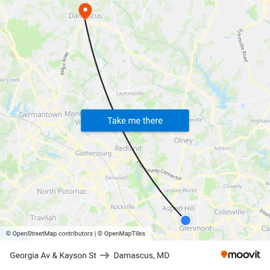 Georgia Av & Kayson St to Damascus, MD map