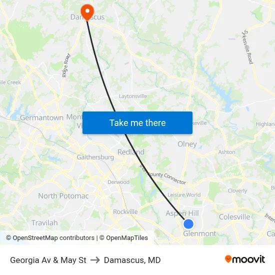 Georgia Av & May St to Damascus, MD map