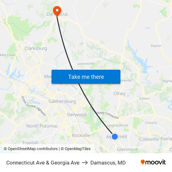 Connecticut Ave & Georgia Ave to Damascus, MD map