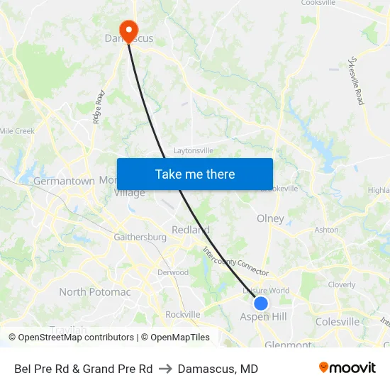 Bel Pre Rd & Grand Pre Rd to Damascus, MD map