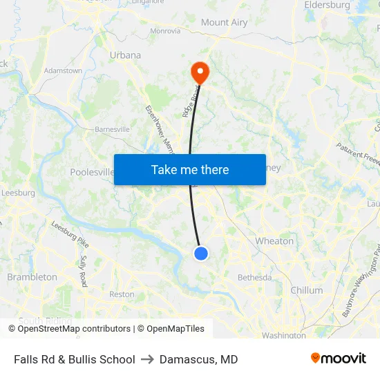 Falls Rd & Bullis School to Damascus, MD map