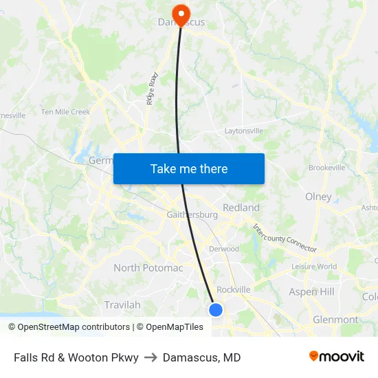 Falls Rd & Wooton Pkwy to Damascus, MD map