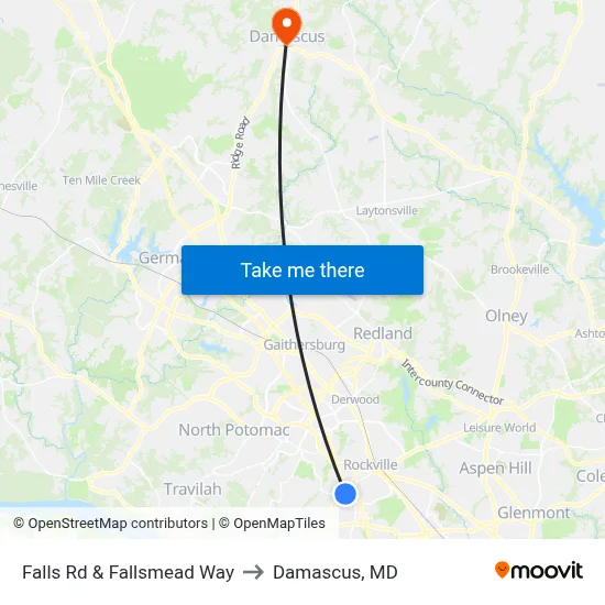 Falls Rd & Fallsmead Way to Damascus, MD map