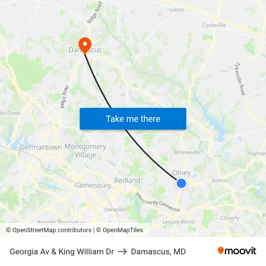 Georgia Av & King William Dr to Damascus, MD map