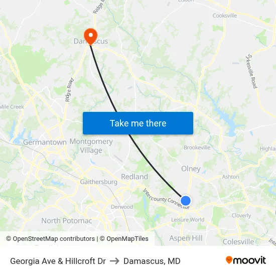 Georgia Ave & Hillcroft Dr to Damascus, MD map