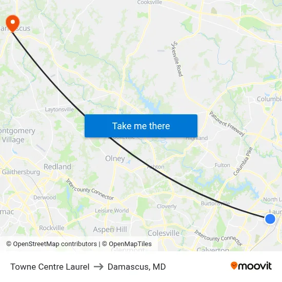 Towne Centre Laurel to Damascus, MD map