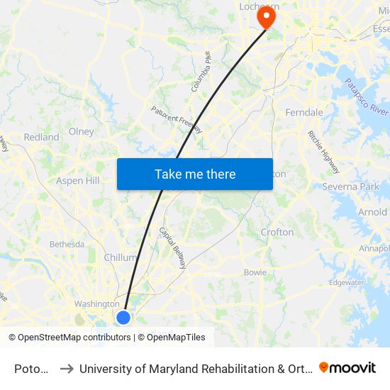 Potomac Ave to University of Maryland Rehabilitation & Orthopaedic Institute (Kernan Hospital) map