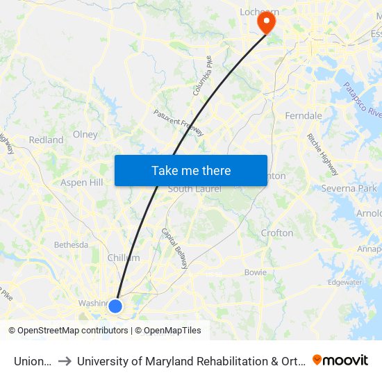 Union Station to University of Maryland Rehabilitation & Orthopaedic Institute (Kernan Hospital) map