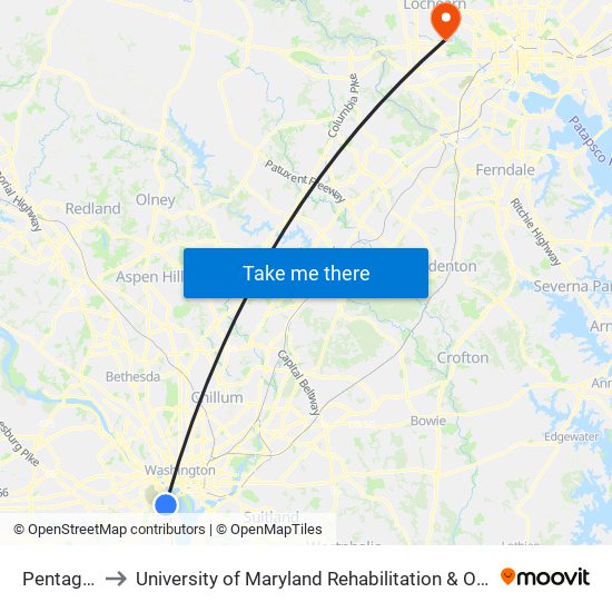 Pentagon Metro to University of Maryland Rehabilitation & Orthopaedic Institute (Kernan Hospital) map