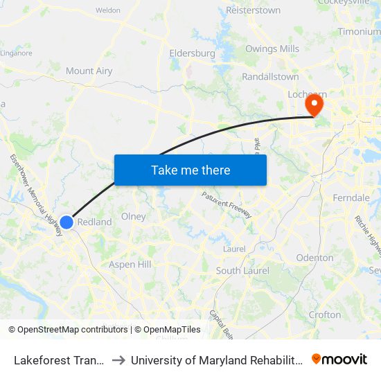 Lakeforest Transit Center & Odendhal Ave to University of Maryland Rehabilitation & Orthopaedic Institute (Kernan Hospital) map