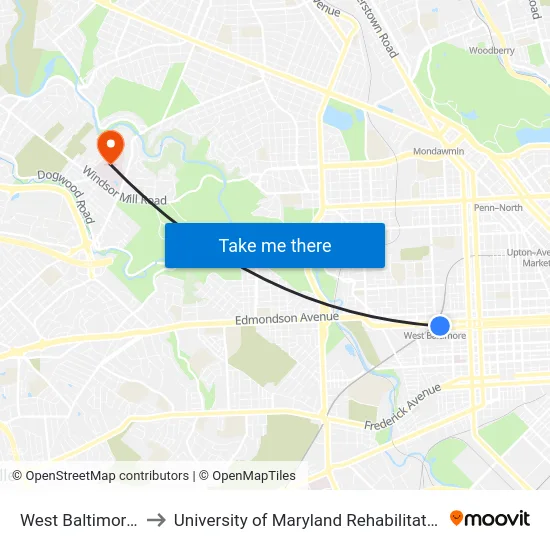 West Baltimore Marc Station Bay 1 to University of Maryland Rehabilitation & Orthopaedic Institute (Kernan Hospital) map