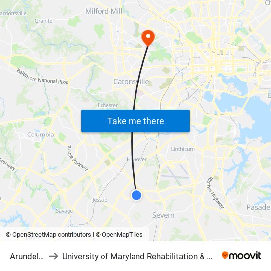 Arundel Mills Mall to University of Maryland Rehabilitation & Orthopaedic Institute (Kernan Hospital) map