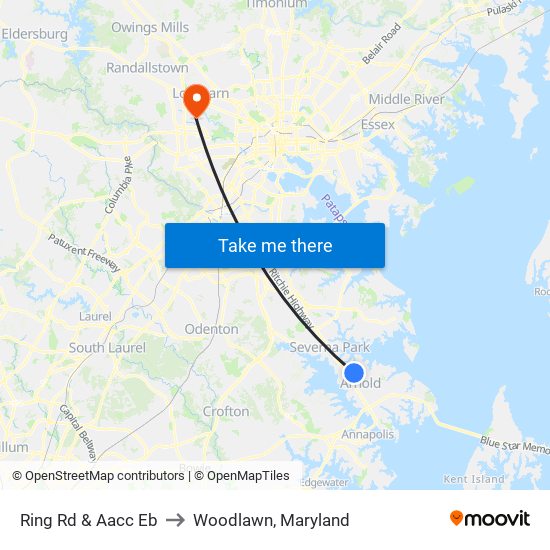 Ring Rd & Aacc Eb to Woodlawn, Maryland map