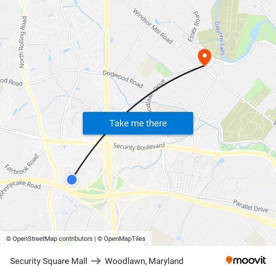 Security Square Mall to Woodlawn, Maryland map