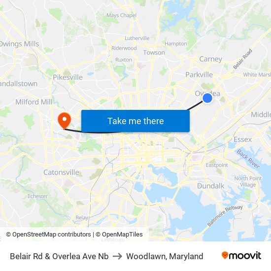 Belair Rd & Overlea Ave Nb to Woodlawn, Maryland map
