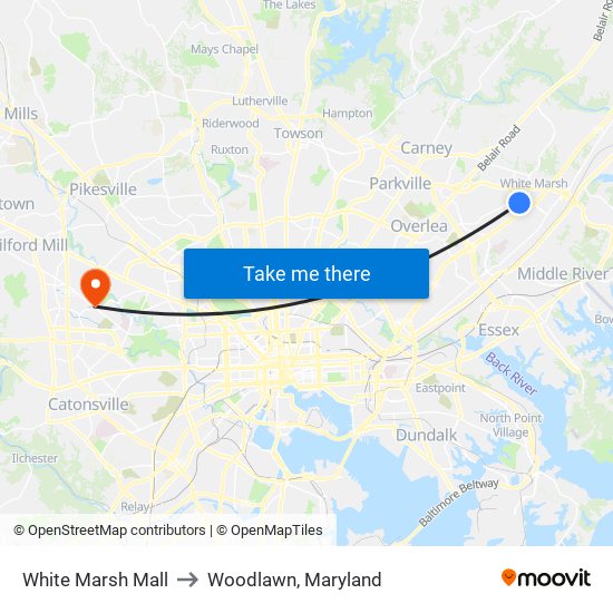 White Marsh Mall to Woodlawn, Maryland map