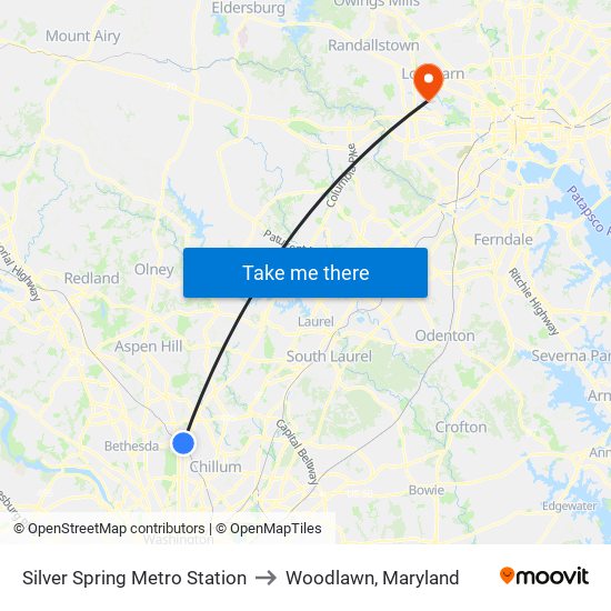 Silver Spring Metro Station to Woodlawn, Maryland map