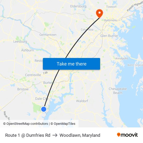 Route 1 @ Dumfries Rd to Woodlawn, Maryland map