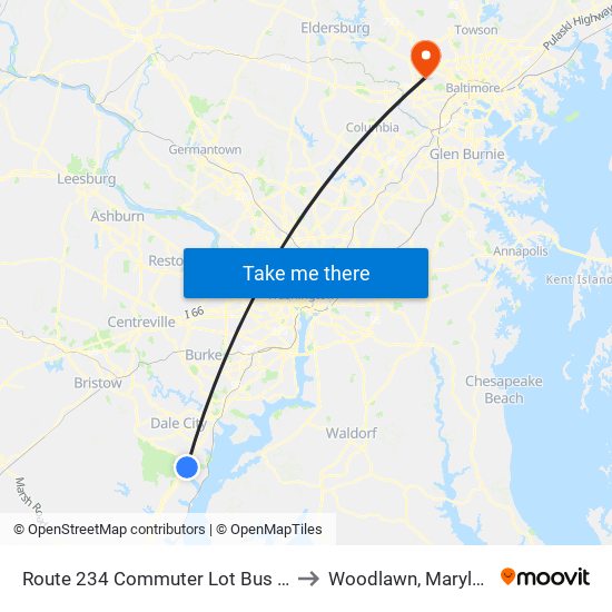Route 234 Commuter Lot Bus Bay to Woodlawn, Maryland map