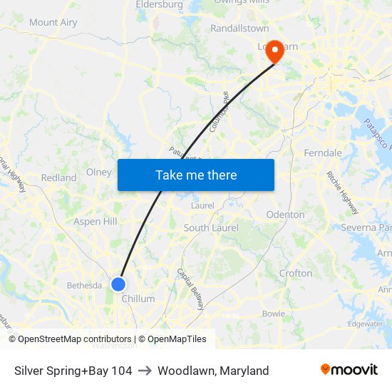 Silver Spring+Bay 104 to Woodlawn, Maryland map