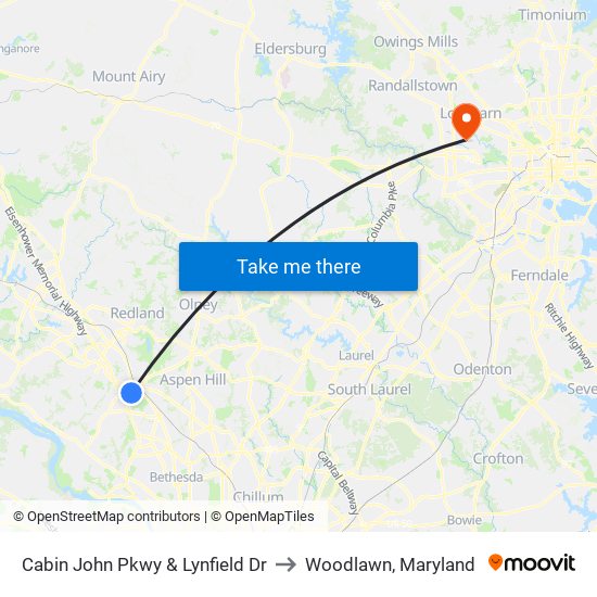 Cabin John Pkwy & Lynfield Dr to Woodlawn, Maryland map