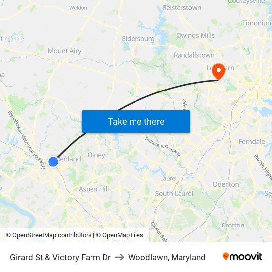 Girard St & Victory Farm Dr to Woodlawn, Maryland map