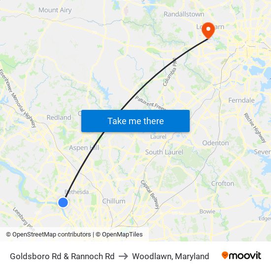 Goldsboro Rd & Rannoch Rd to Woodlawn, Maryland map