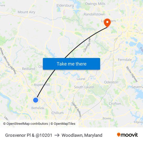 Grosvenor Pl & @10201 to Woodlawn, Maryland map