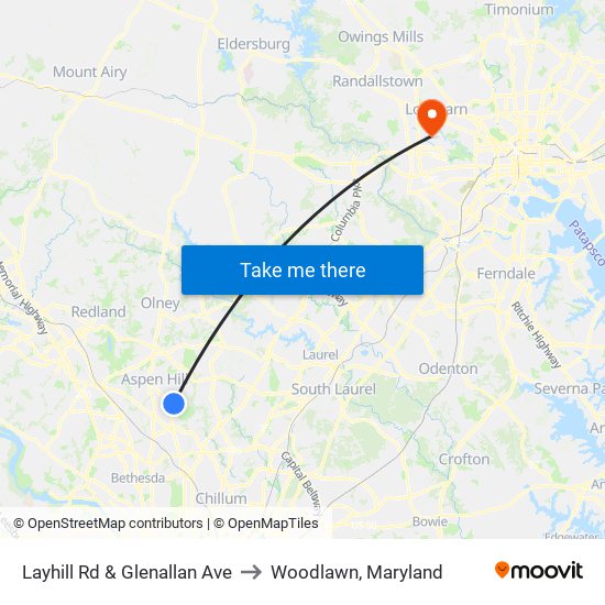 Layhill Rd & Glenallan Ave to Woodlawn, Maryland map