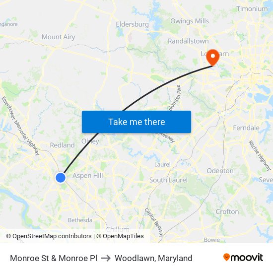 Monroe St & Monroe Pl to Woodlawn, Maryland map