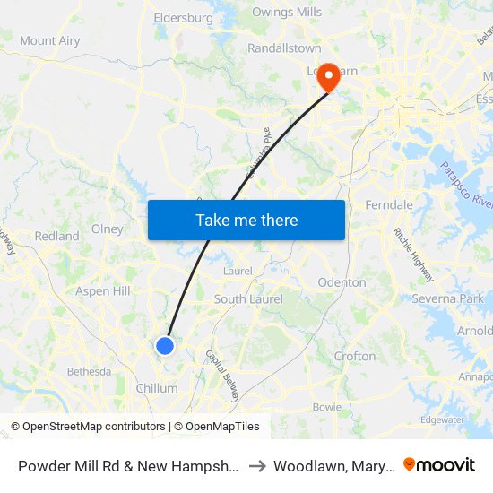 Powder Mill Rd & New Hampshire Ave to Woodlawn, Maryland map