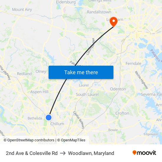 2nd Ave & Colesville Rd to Woodlawn, Maryland map