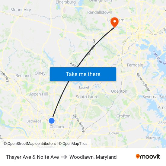 Thayer Ave & Nolte Ave to Woodlawn, Maryland map