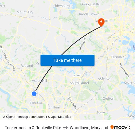 Tuckerman Ln & Rockville Pike to Woodlawn, Maryland map