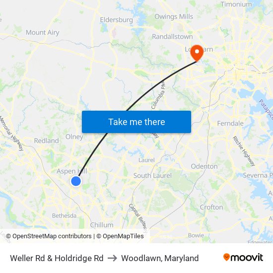 Weller Rd & Holdridge Rd to Woodlawn, Maryland map