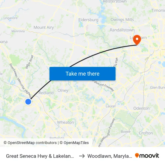 Great Seneca Hwy & Lakeland Dr to Woodlawn, Maryland map